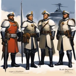 [illustration by Angus McBride] concept sheet for a squad of explorers: These four head divisions (Kadivs) + lieutenant are essentially the second in commands, serving just beneath the Captain. They monitor and check up on the crews (men and women), execute Captain's orders, and propose initiatives to higher ranks. And if Captain is not present, Kadivs report themselves to Lieutenant who serves as Caravan's firstmate. However, the exceptions usually occur in particularly elite caravan like 97 wh