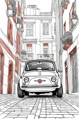 outline art for an adults coloring page, Fiat 500 in an Urban Alleyway , white background, detailed sketch style,no color , only use outline, clean art , white background, no shadows and clear well outlined,