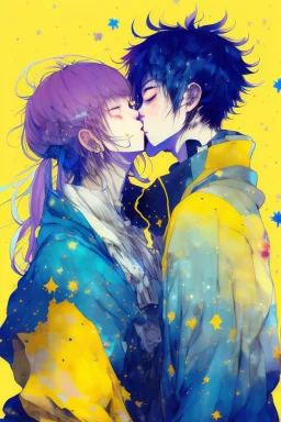 portrait anime man kissing man, ,yellow, stars hearts water, blue, watercolor, Yoshikata Amano, Edwin Landseer, Ismail Inceoglu, Russ Mills, Victo Ngai, Bella Kotak, hyperdetailed 8K resolution HDR DSLR, ultra detailed, ultra quality, CGSociety, intricately detailed, color depth, gliter, kiss