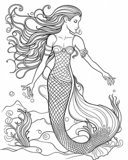 A mermaid, coloring image, full body (((((white background))))), only use an outline., real style, line art, white color, clean line art, white background, Sketch style