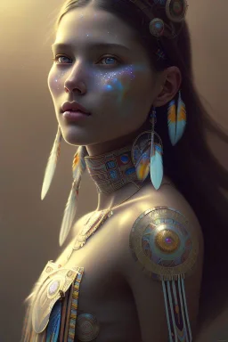 girl, cute, beautiful, Native American, head and shoulders portrait, 8k resolution concept art portrait by Greg Rutkowski, Artgerm, WLOP, Alphonse Mucha dynamic lighting hyperdetailed intricately detailed Splash art trending on Artstation triadic colors Unreal Engine 5 volumetric lighting, long hair, brown eyes, black hair, clean face