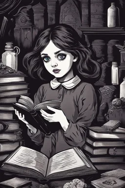 a girl possessed, eyes scary face, holding an old book, against the background of a dark room full of old things