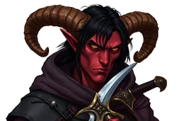 "Ilustración detallada de Thorian, un tiefling masculino de unos 40 años. Tiene piel de tono rojizo oscuro, con dos cuernos curvados hacia atrás como los de un carnero. Sus ojos brillan sin pupilas visibles, de color dorado. Su cabello negro azabache cae hasta los hombros, quizás con trenzas finas. Lleva una armadura ligera de cuero oscuro reforzado y una capa con capucha en tonos oscuros que puede cubrir parcialmente sus cuernos. Porta una espada curva elegante con empuñadura adornada.