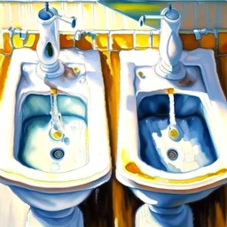 two white sinks, in one of them water is turning right and in the other lef, art, oil drawing, bright,