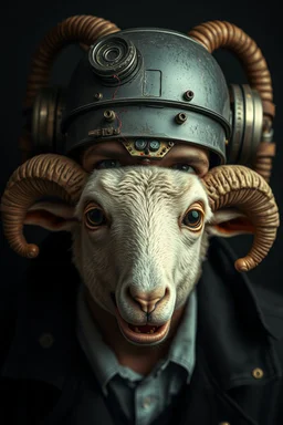 a portrait of a broken head mechanic, man is eating a hybrid mixed body part sheep, giant eyes sheep alien style