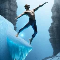 yoga cliff diver before diving into underground pool of ice, Menzoberranzan,4k, Highly Detailed, perfect eyes, Digital Illustration, Cinematic Lighting, Realistic, Sharp Focus, Centered, Beautifully Lit, Bioluminescent by Stanley Artgerm Lau