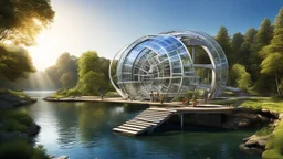 6003. Innovative environmentally-friendly home, solar panels, water wheel in river, alternative energy, scientific experiment, home of the future, fantasy, robotic, automated, spectacular, futuristic, beautiful lighting, attractive composition, photorealistic, extremely detailed, chiaroscuro