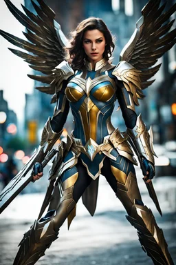 Close up gorgeous photography soft blur, HD realistic,super modeling girl as beautiful Angel straddle wings Wonder Woman ultra advanced warframe with the whole and full armor with ultra high resolution and details,walk in street city bussy.style: digital photography