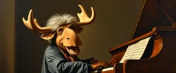 master oil painting by Rembrandt, laughing happy opera mozart moose with a wig, playing big big biggest piano