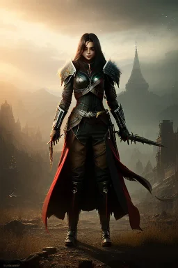 Tiefing assassin character, yellow eyes, dark hair, dark armor, waist up portrait, Demonic tail, light red skin, hyperrealistic, intricate details, insanely detailed, cityscape background, natural lighting