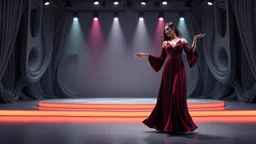 modern stage with gray-theme artistic decoration , color full dynamic lighting, a beautiful lady in modern maxy dark purple red dress with shining silver jwells dancing, 3D recursive fractal structure animating background