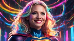 impossibly beautiful portrait of supergirl, insane smile, intricate complexity, surreal horror, inverted neon rainbow drip paint, trending on art station, photoreal, 8 k, octane render by greg rutkowski