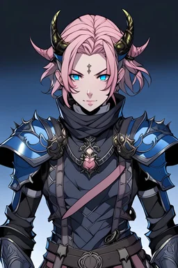 Dark Souls manga-style androgynous of a young man with large light brown eyes and spiky pink hair that's styled in an undercut fashion, dark silver metal tiara, and blue warrior eyes, with medium dark blue leather armor, in a black coat, with dark blue gems in her greaves and gauntlets, holding two curves black claymores in both hands, with fight spirit in her eyes, fullbody.