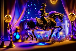 night, dark room, bioluminescent Coloured glass dynamically jumping horse set with gemstones, glittering metal stems and gemstone leaves on a room table sharp focus elegant extremely detailed intricate very attractive beautiful dynamic lighting fantastic view crisp quality exquisite detail gems and jewels S<AI Weight:1 Professional photography, bokeh, natural lighting, canon lens, shot on dslr 64 megapixels sharp focus Weight:0.9