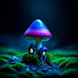 "Close up of a wonderful tiny Mushroom Tower home. blue and magenta with bright white, deep black and contrasting tones of gray. Illuminated bioluminescent forest. Professional painter, master at composition. small but detailed. broken, blurred background, voluminous lighting"