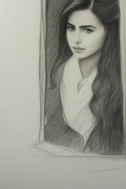 Pencil sketch of Young woman look through the window , Arab features,sad, long wavy hair, full body، on lined paper