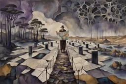 face to the camera in midle one alone human figure with a big map his hands in weird whimsical clothes stands on thin weird bridge , weird whimsical landscape, forest, and Sahara water and rocks,, around surreal cracked painted weird land with some black doors. dark purple, gray, black, white, brown. Whimsical style of Chagall , of Minjae Lee and Anton Semenov, lonely with absurd beauty. broken, weird bizarr,e absurd nightmare, neuron network background, surreal vibe