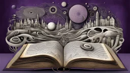 3d, egy kinyitott régi old book, kézírással írva egymás alatti hosszab, és rövidebb sorok, szavak, és listák egymás alatt, de nem olvasható betükkel, human form, circles, lines, compass, around weird whimsical landscape sharp lines, many different size fade pale eyes, hands, building, and amorph shapes, fog, dark purple, gray, black, white, brown. nightmare style of Chagall , of Minjae Lee and Anton Semenov, Bosch, lonely in neurotipical life, neuron network with fog in background, surreal vibe