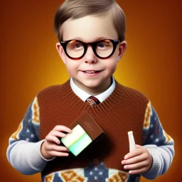 Peter billingsley chubby kid Tortoise-shell glasses, Holding a ((dark red bar soap)) in his hand, brown argyle sweater