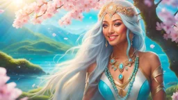 Close-up portrait of a gorgeous smiling skinny polynesian goddess with a golden dark shining skin, long smooth clear turquoise blue white hair, blue eyes, in a sci-fi outfit with luminous strikes blowing a kiss in a hill of flowers with sakura trees, a small torrent, loads of mini flowers, moss, sun rays through the branches, particles in the air at spring