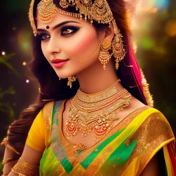 bright indian fairy, beautiful portrait, flowery landscape, light, sun