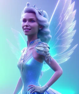 A smiling crystalised queen, atmospheric, realistic, unreal engine, cinematic lighting, octane render. blue, pink, transparency, light, shine,bright, full body, transparent wings, blonde, long hair, nice smile