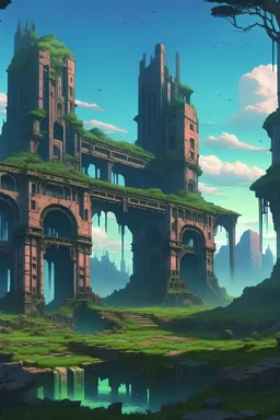 landscape of scifi ruins in an anime style