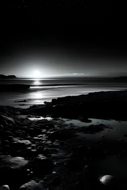 Black and white photography of a ocean seen from far at night. sci fi style