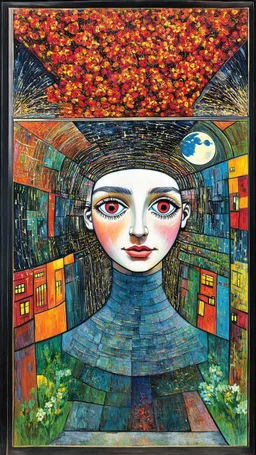 Cubistic patchwork. Inside the mind of the glass mirror witch. Giant eyes. Tunnel of flowers. Cityscape of moon and sparks. Modifiers: high definition Picasso Cubism by Paul Klee