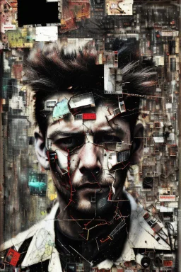 Ultra detailed medium portrait painting of a man, bended and hands in hair, giving up, broken, dark and chaos background,torn up collage of clippings, broken circuitry background, matrix effects, punk visual art, punk art aesthetic, graffiti art, pop surrealism, collage art, cluttered paint glitches