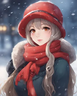 A girl in a red hat and scarf, snow in the background, beautiful anime portrait