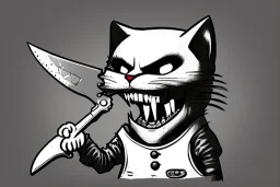 Cat diabolical smiling with a bloody knife with blood. Comic style