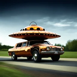 award winning photograph of a steampunk house-fly ufo genetic-splice designed by only one vehicle per image painted metallic orange traveling at a high rate of speed, jet intake off of front center of vehicle and jet exhaust out the rear bilaterally symetrical, more a high speed road vehicle