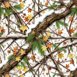 detailed Real Tree Camouflage made of sticks, twigs, tree bark, green pine branches, dried maple leaves, snow and dirt, white background, seamless repeatable texture camo pattern