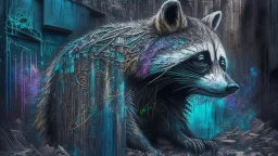 Graffiti trash panda; neo-surrealism dystopian eldritch elegant fantastical intricate hyperdetailed holographic magnificent meticulous mysterious ominous