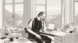 الصورة تعرض ستيف جوبز وهو جالس في مكتبه الخاص، وراءه نافذة تطل على مناظر طبيعية هادئة. يظهر جوبز وهو يرتدي ثوبًا بسيطًا ويتلقى مكالمة هاتفية بينما يعمل على جهاز كمبيوتر محمول. يتسم وجهه بتعابير التفكير العميق والابتسامة الخفيفة، مما يشير إلى تركيزه الشديد وتفكيره الابتكاري. على مكتبه، يمكن رؤية مجموعة من المخططات والنماذج المصغرة لأجهزة تكنولوجية، مما يظهر اهتمامه بالتفاصيل والتصميم المميز. كما يمكن أن نلاحظ تواجد كتب وأدوات كتابة، مما يشير إلى تطلعه المستمر للمعرفة والابتكار. الإضاءة في الصور