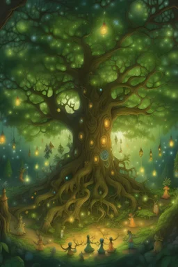 coloriages mystères :Des arbres géants aux branches entrelacées abritent des créatures magiques, des elfes et des fées. Des lucioles dansent dans l'air, créant une atmosphère magique.