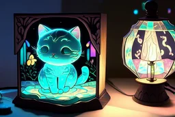 a cute chibi cat watching fappily a bioluminescent stained glass tyffany lamp on a wooden nightstand