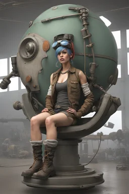 colored girl with big boots sit on mechanic sphere