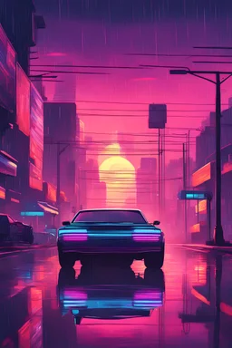 synthwave sunset, cars on city road from behind, rainy day, reflection on road