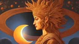 The Sun and the Moon setting at the same time. concept art, mid shot, intricately detailed, color depth, dramatic, 2/3 face angle, side light, colorful background. Painted by Gerald Bloom