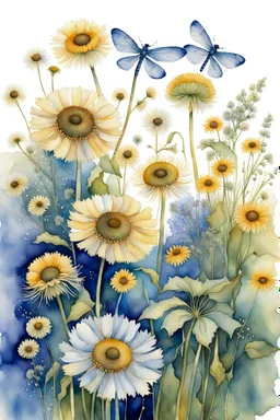 Dandelions, Water Hemlock, wild flowers and dragonflies stunning watercolor art by susan Winget, painted, in gold, blue and white tones with a sunflower --v 7 In style of Marjolien Bastin.