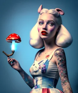 Ultra realistic portrait, wonderland, happy blonde Alice smoking a pipe, blue dress accompanied by elegant anthropomorphic white rabbit, circus dress style, old school tattoo, laughter, smoke, marijuana garden, mushroom lamps, glow eyes, perfect iris, soft color, highly detailed, unreal engine 5, ray tracing, RTX, lumen lighting, ultra detail, volumetric lighting, high definition.