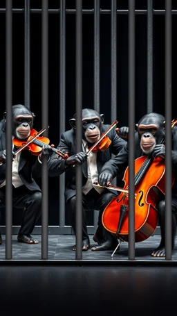 Four chimpanzees musicians wearing Papillons and suits four are playing violins and the one is a playing. Cello each one is looking to a notes stands on a stage behind a prison bars , 4k , high quality picture