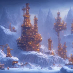 dwarves building a oil platform in winter landscape