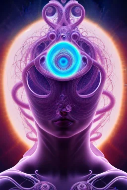 Spiritual being with Tentacles over human Head creating reality around, wrapping Spiral around Human, Psychedelic