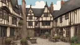 A Paved Courtyard, With Tudor Gothic Houses, Tall Chimneys, Crooked Roofs, a small stream, People, Shops,