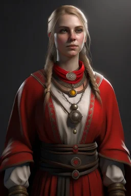 full length, tall, gangly, 22-year old, nordic looking female human cleric with a red beaded necklace