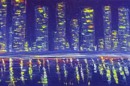 Night, futuristic buildings near trees, highway, sci-fi, impressionism painting