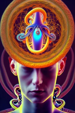 Spiritual being with Tentacles over human Head creating reality around, wrapping Spiral around Human, Psychedelic